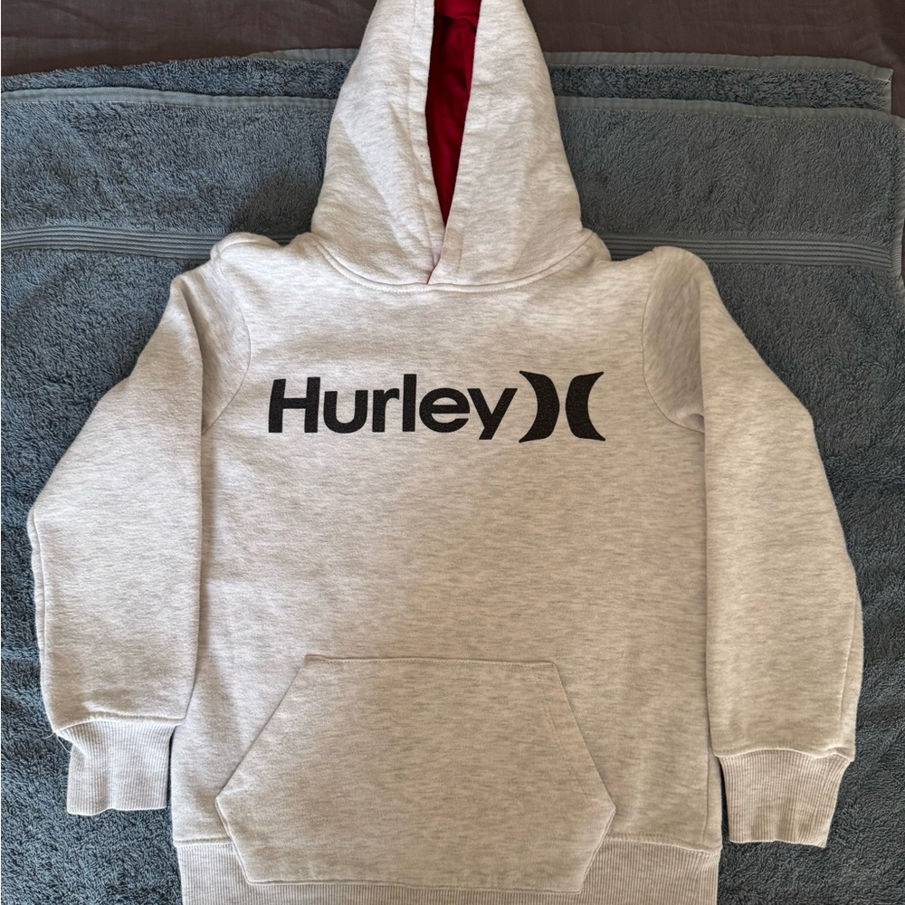 Hurley Light Gray Hoodie with Black Logo and Red Hood